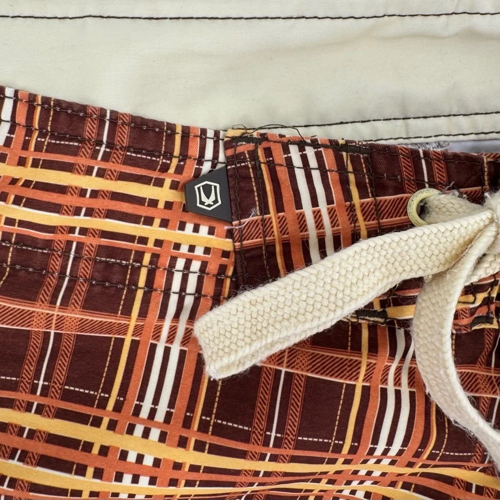 RedSand Brown Yellow‎ Orange Pattern Drawstring Closure Side Plaid Boardshorts